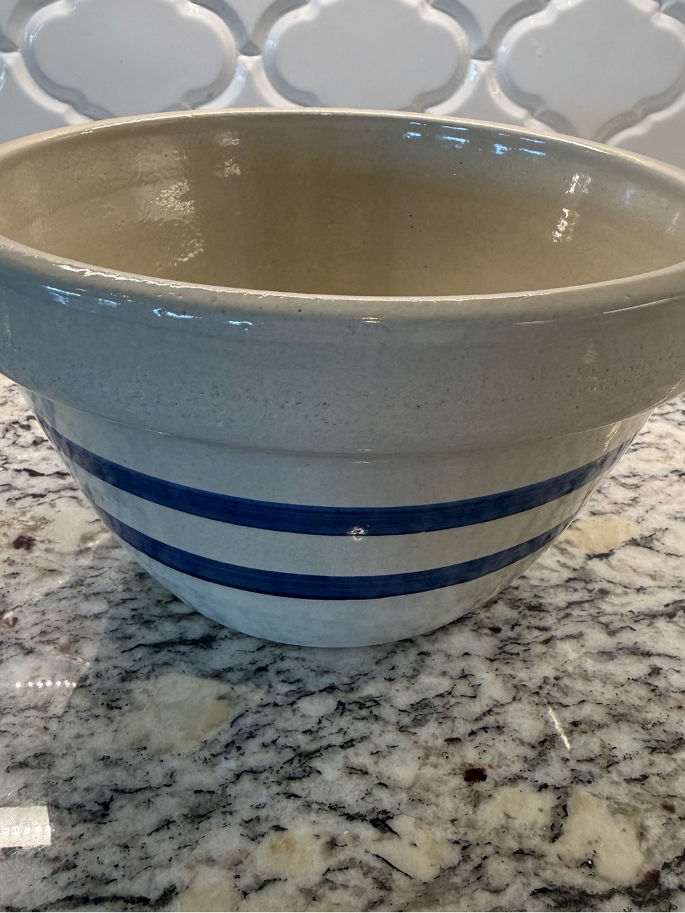 Vintage Robinson-Ransbottom Pottery Stoneware Mixing Bowl Blue Stripe, USA made